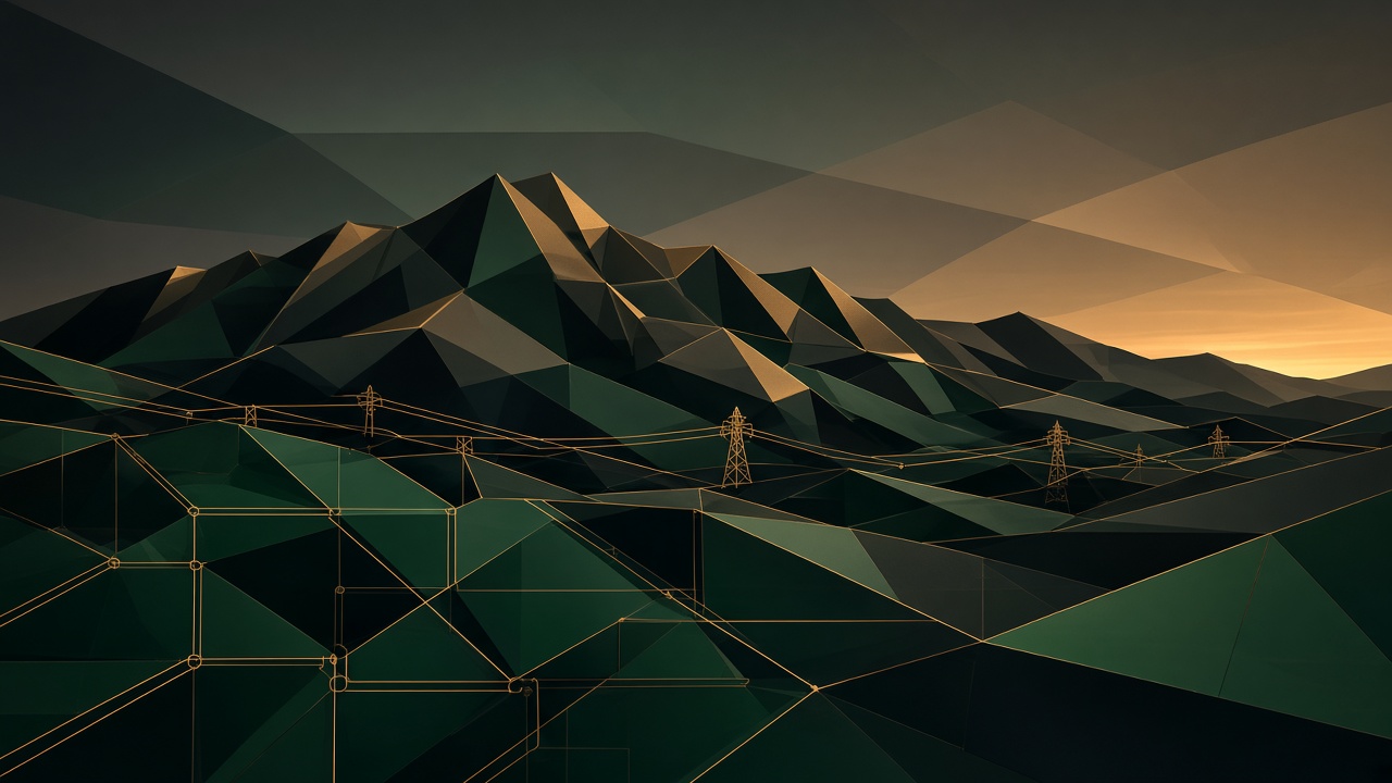 Geometric west-Texas grid of solar facets and conduit over angular mountains